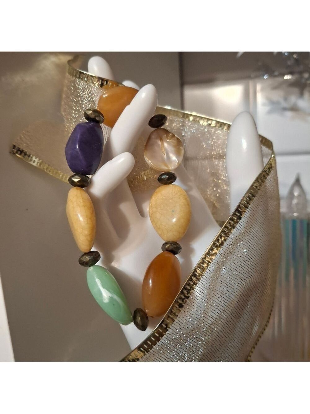 Colorful Beaded Boho Stretch Bracelet with Bronze Accents